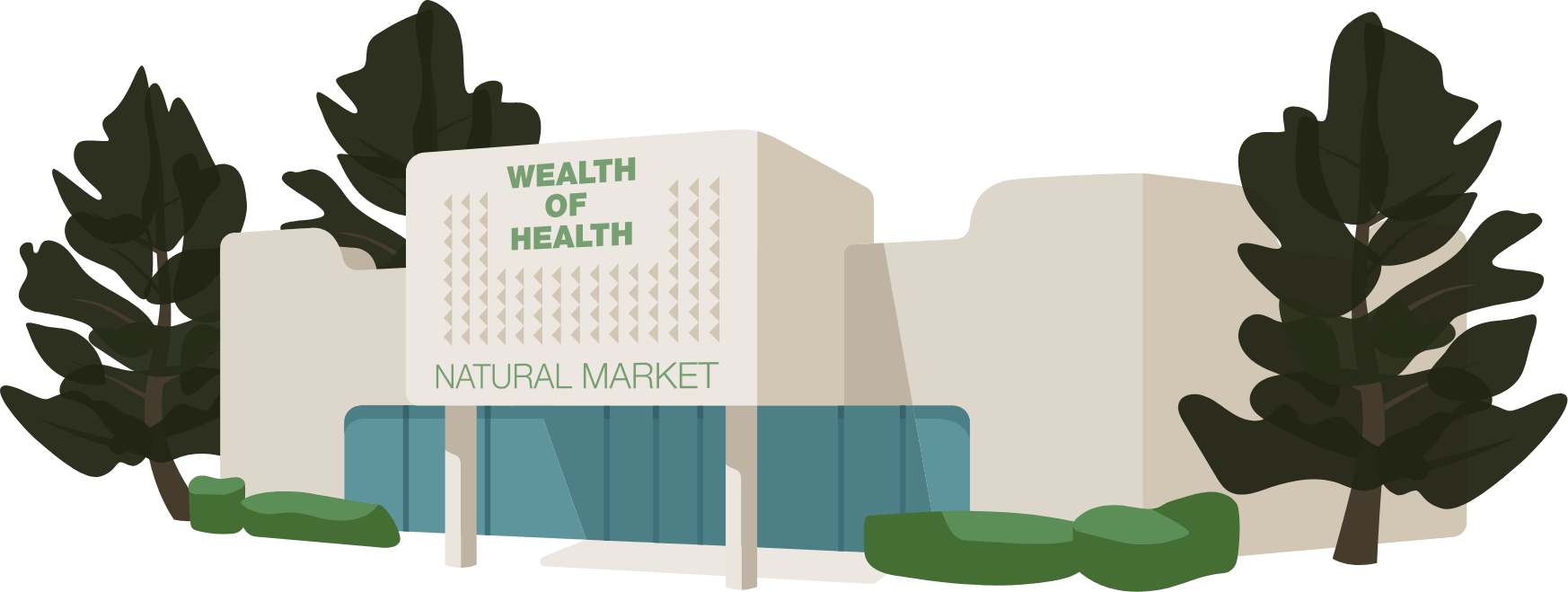 Illustration of the Wealth of Health Natural Market storefront